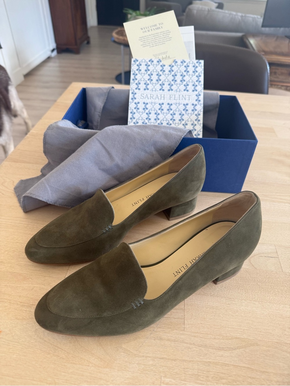 Sarah Flint Rosie Olive Suede Low Block Heel Loafers